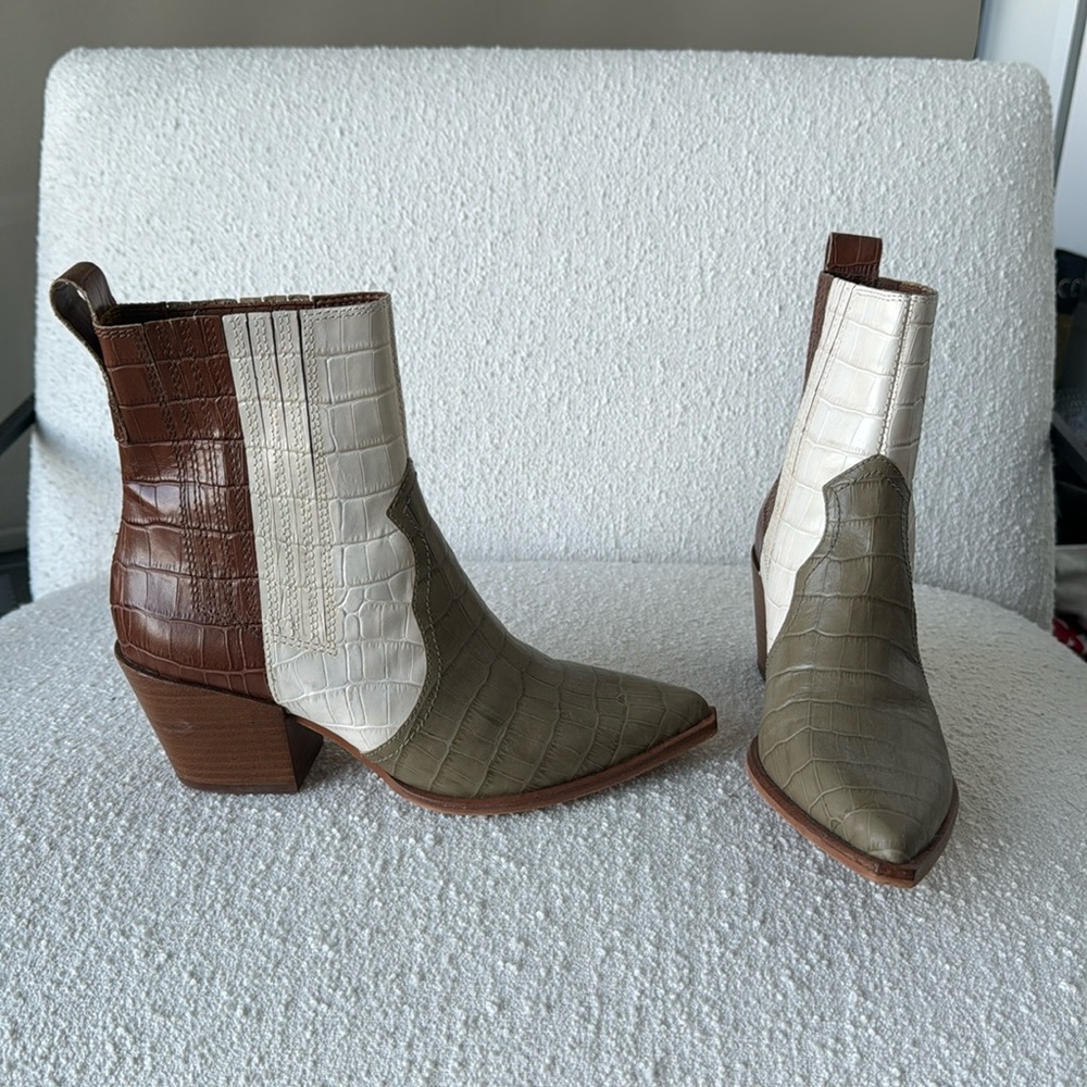 Dolce Vita Tri-Color Croc-Embossed Heeled Ankle Boots - Olive, Cream & Brown